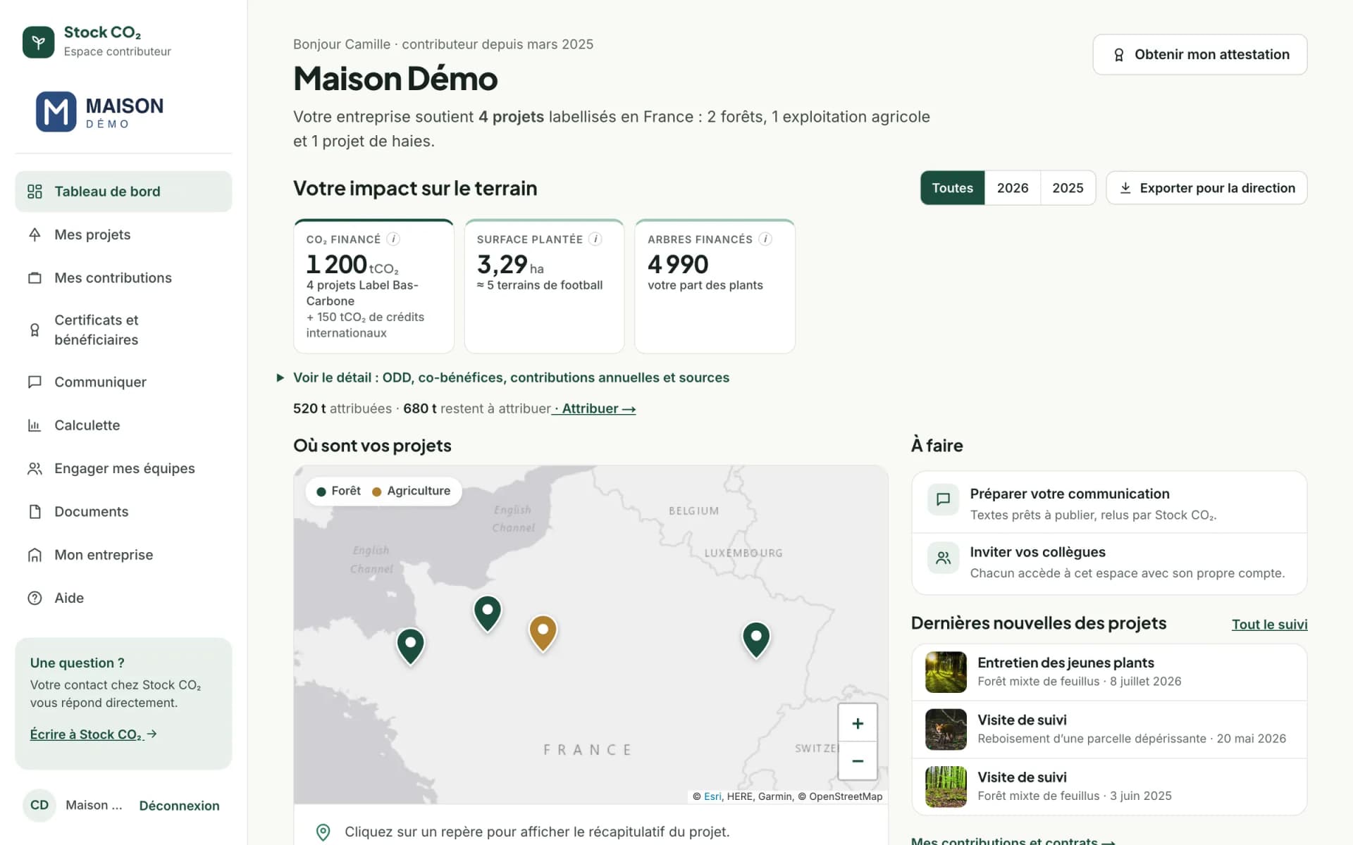 Tableau de bord de l’espace contributeur (compte de démonstration)